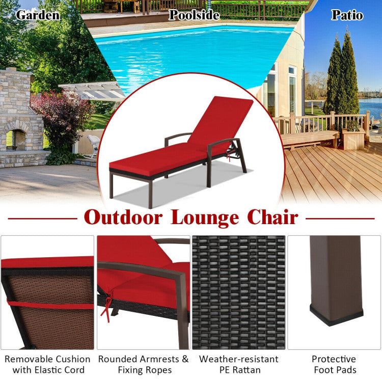 2 Pieces Patio Rattan Outdoor Reclining Chaise Lounge Chair with Cushion for Balcony & Beach