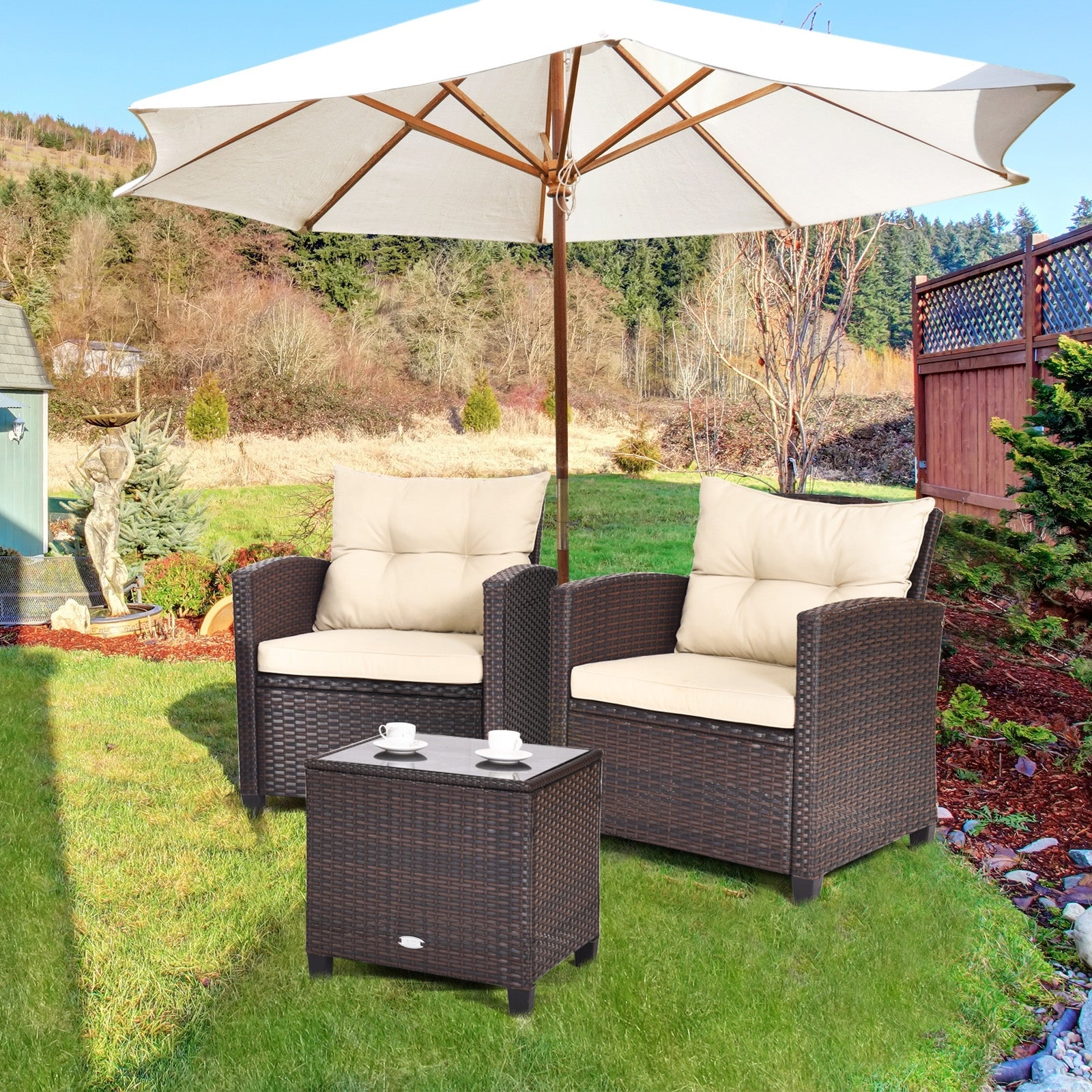 3 Pieces Rattan Patio Furniture Set with Easy-to-clean Cushions