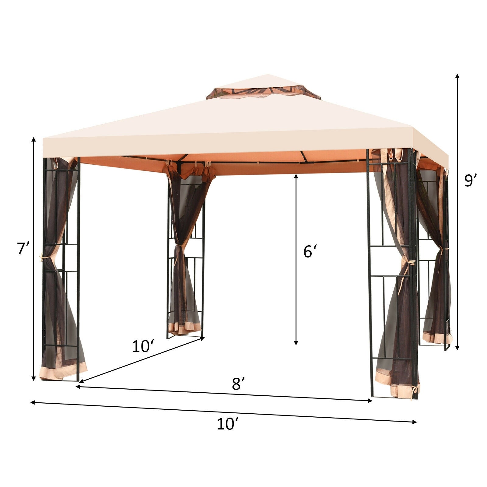 10 x 10 ft 2-Tier Vented Metal Gazebo Canopy with Mosquito Netting