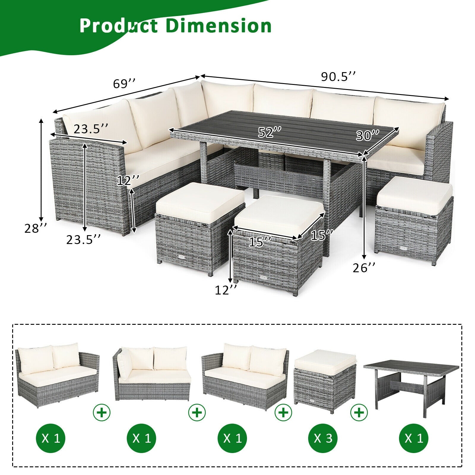 7 Pieces Outdoor Wicker Sectional Sofa Set with Dining Table and Cushion