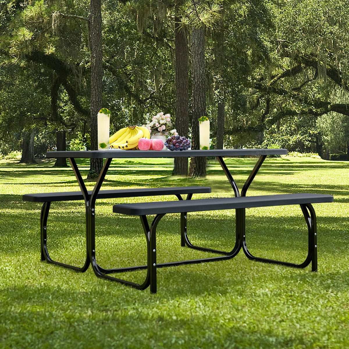 HDPE Outdoor Picnic Table Bench Set with Metal Base for Camping