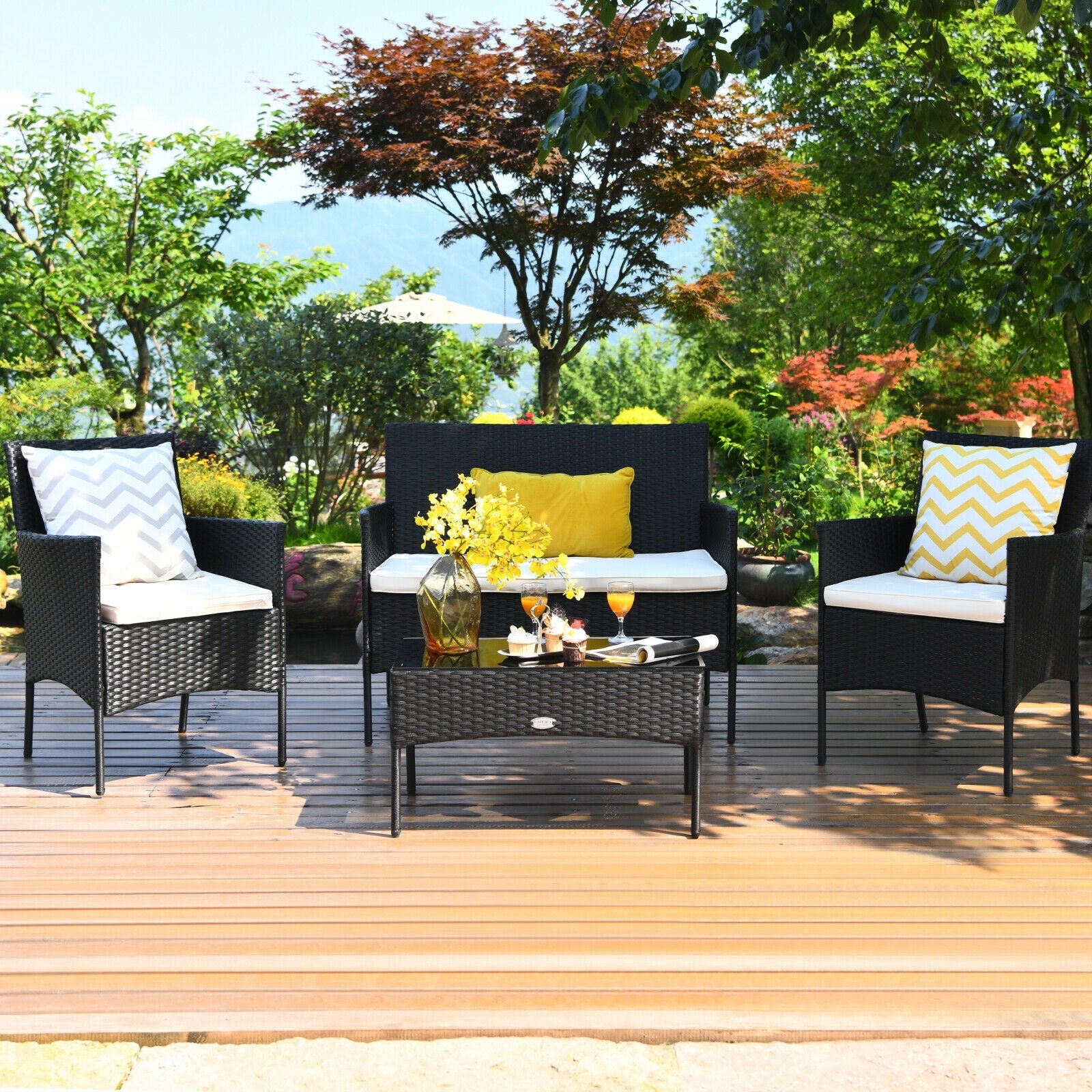 4 Pieces Patio Rattan Cushioned Sofa Set with Tempered Glass Coffee Table