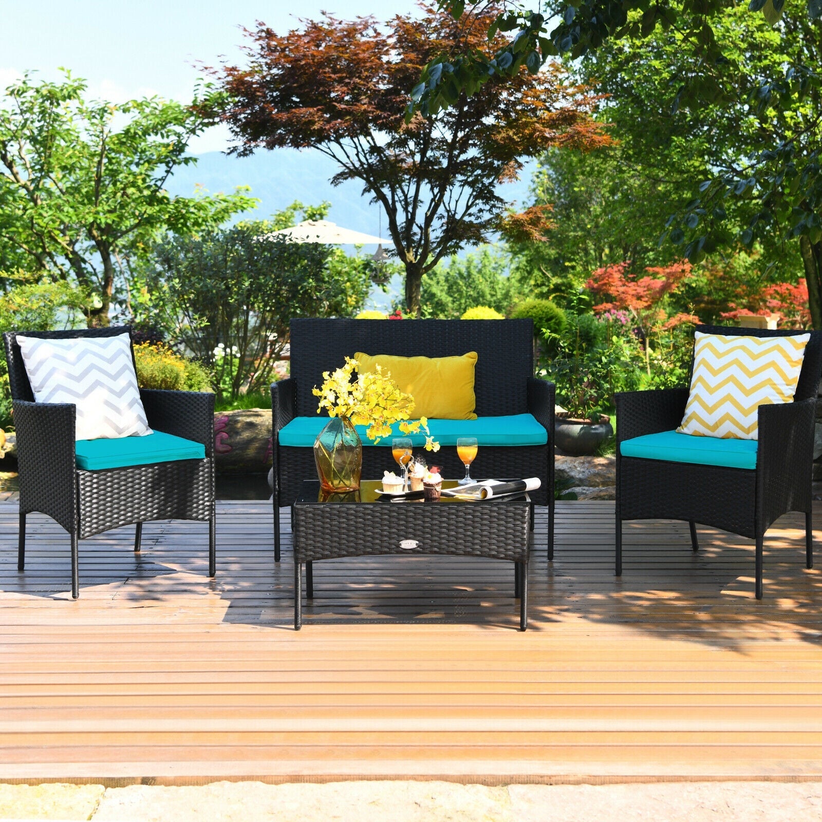 4 Pieces Patio Rattan Cushioned Sofa Set with Tempered Glass Coffee Table