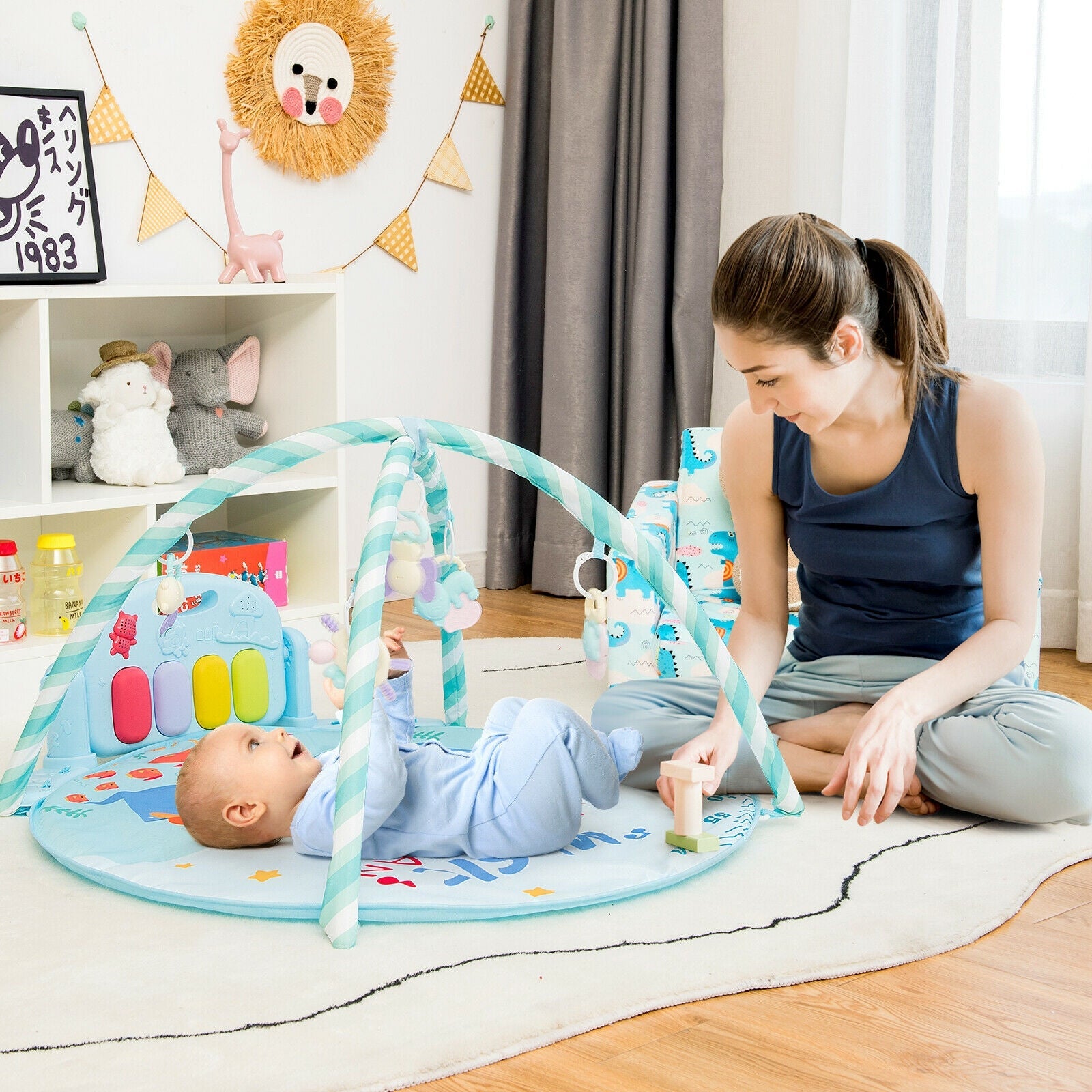 Baby Activity Play Mat with 5 Hanging Sensory Toys and Cushion