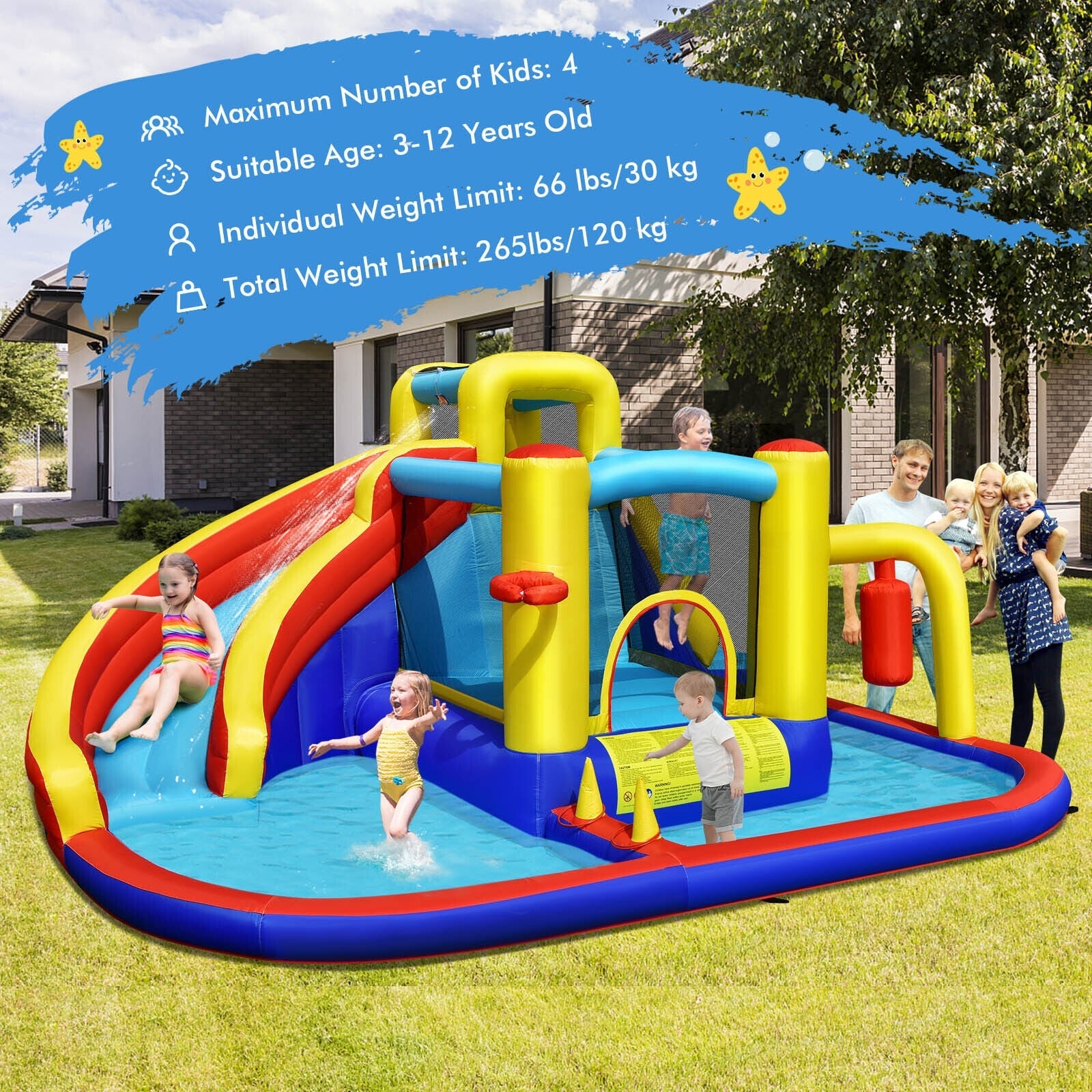 7-in-1 Inflatable Water Slide Water Park Kids Bounce Castle with 735W Air Blower