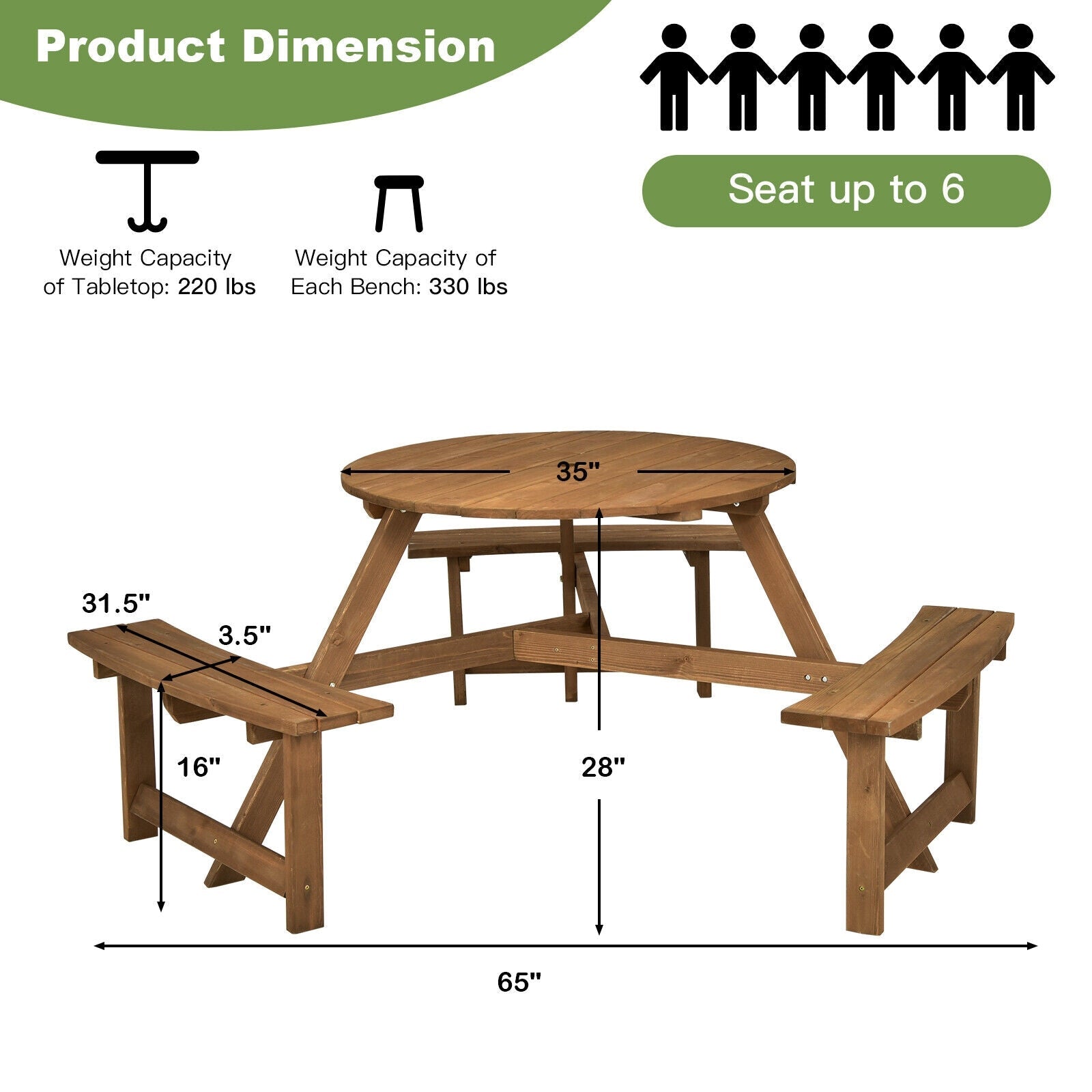 6-person Round Wooden Outdoor Picnic Table Benches Set with Umbrella Hole