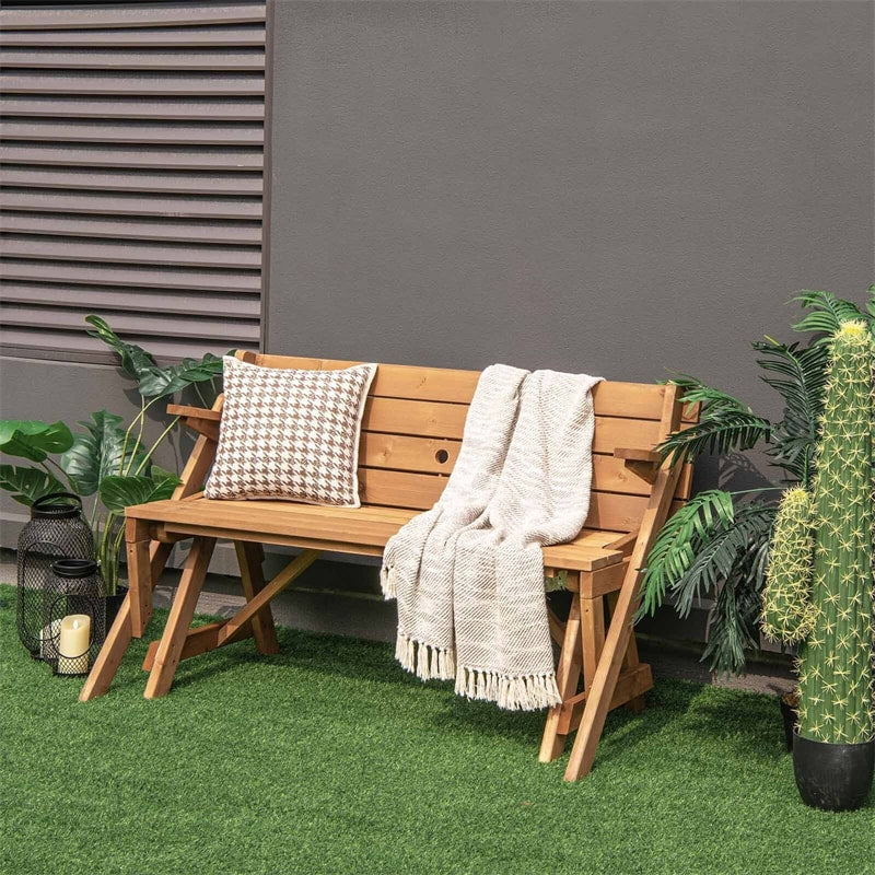 2-in-1 Convertible Wooden Picnic Table Garden Bench Set Folding Outdoor Dining Table with Umbrella Hole