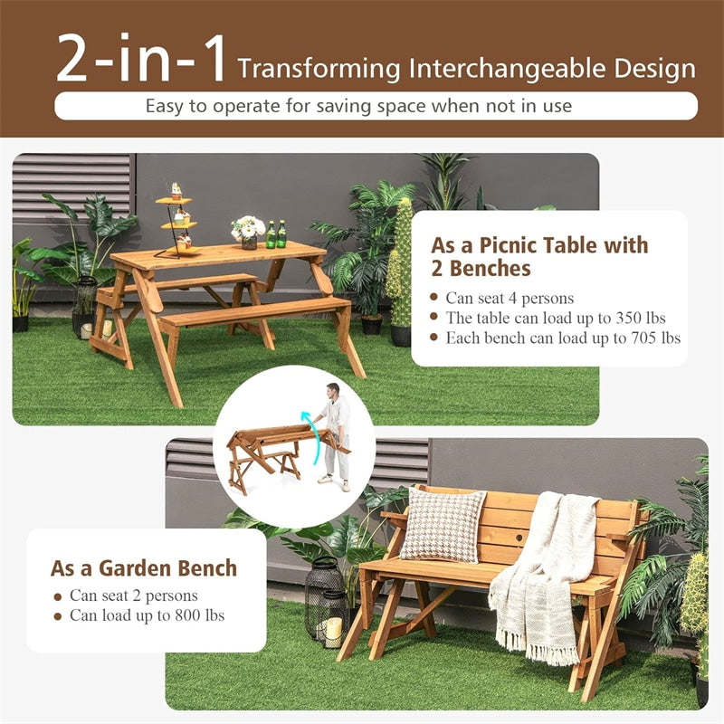 2-in-1 Convertible Wooden Picnic Table Garden Bench Set Folding Outdoor Dining Table with Umbrella Hole