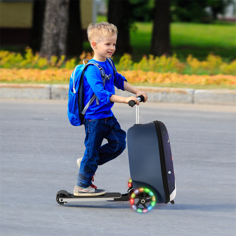 2-in-1 Hardshell Ride on Scooter Suitcase Kids Folding Scooter Luggage with Lighted Wheels & Retractable Handle