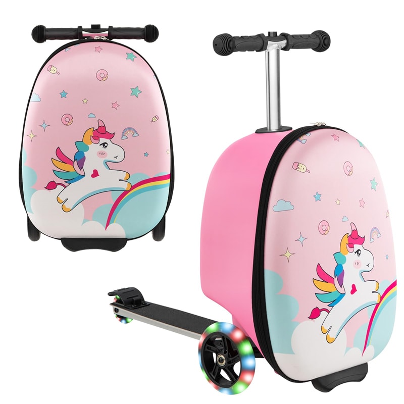 2-in-1 Hardshell Ride on Scooter Suitcase Kids Folding Scooter Luggage with Lighted Wheels & Retractable Handle