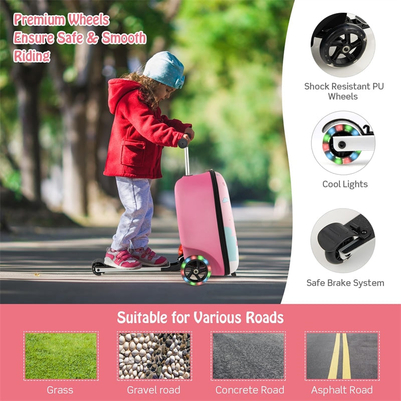 2-in-1 Hardshell Ride on Scooter Suitcase Kids Folding Scooter Luggage with Lighted Wheels & Retractable Handle