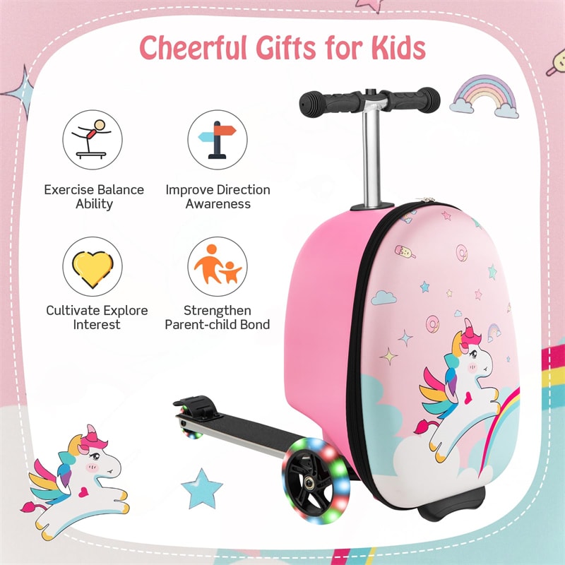 2-in-1 Hardshell Ride on Scooter Suitcase Kids Folding Scooter Luggage with Lighted Wheels & Retractable Handle