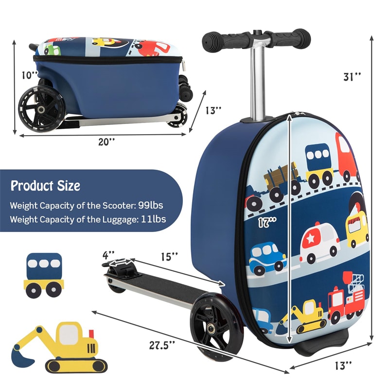 2-in-1 Hardshell Ride on Scooter Suitcase Kids Folding Scooter Luggage with Lighted Wheels & Retractable Handle