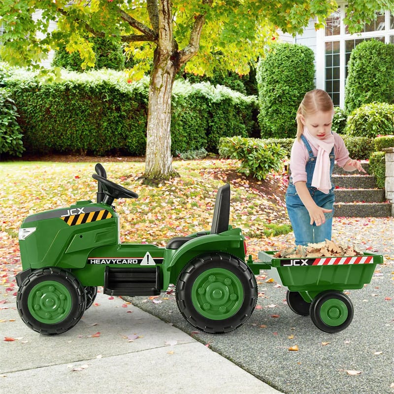 2-in-1 Kids Ride On Tractor with Trailer, 12V Battery Powered Electric Ride on Car Toy Tractor with Remote Control, Lights, 3-Gear-Shift Ground Loader