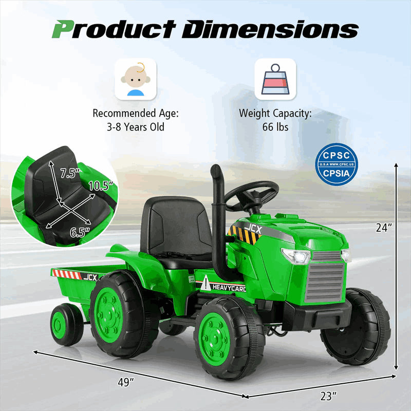 2-in-1 Kids Ride On Tractor with Trailer, 12V Battery Powered Electric Ride on Car Toy Tractor with Remote Control, Lights, 3-Gear-Shift Ground Loader