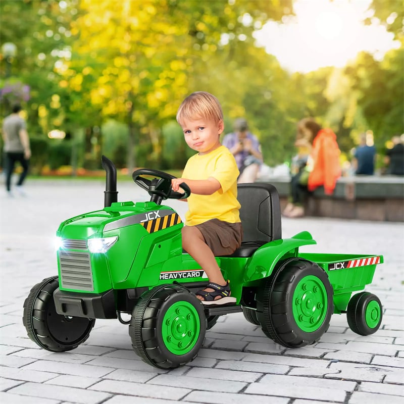 2-in-1 Kids Ride On Tractor with Trailer, 12V Battery Powered Electric Ride on Car Toy Tractor with Remote Control, Lights, 3-Gear-Shift Ground Loader