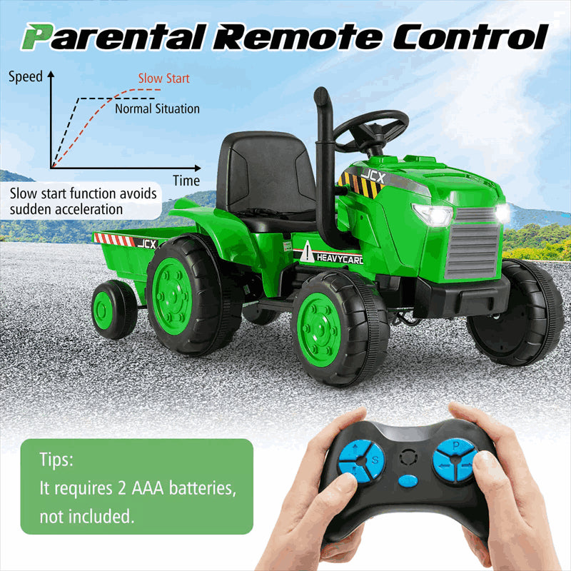 2-in-1 Kids Ride On Tractor with Trailer, 12V Battery Powered Electric Ride on Car Toy Tractor with Remote Control, Lights, 3-Gear-Shift Ground Loader