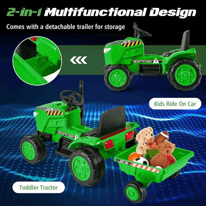 2-in-1 Kids Ride On Tractor with Trailer, 12V Battery Powered Electric Ride on Car Toy Tractor with Remote Control, Lights, 3-Gear-Shift Ground Loader