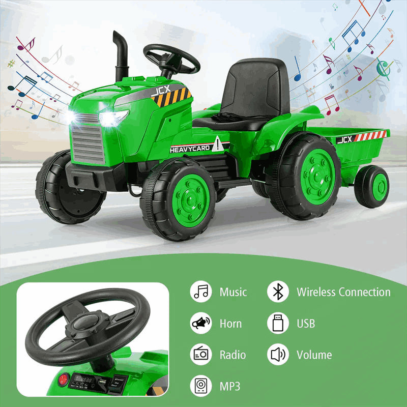 2-in-1 Kids Ride On Tractor with Trailer, 12V Battery Powered Electric Ride on Car Toy Tractor with Remote Control, Lights, 3-Gear-Shift Ground Loader