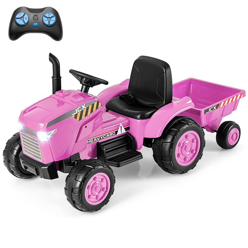 2-in-1 Kids Ride On Tractor with Trailer, 12V Battery Powered Electric Ride on Car Toy Tractor with Remote Control, Lights, 3-Gear-Shift Ground Loader