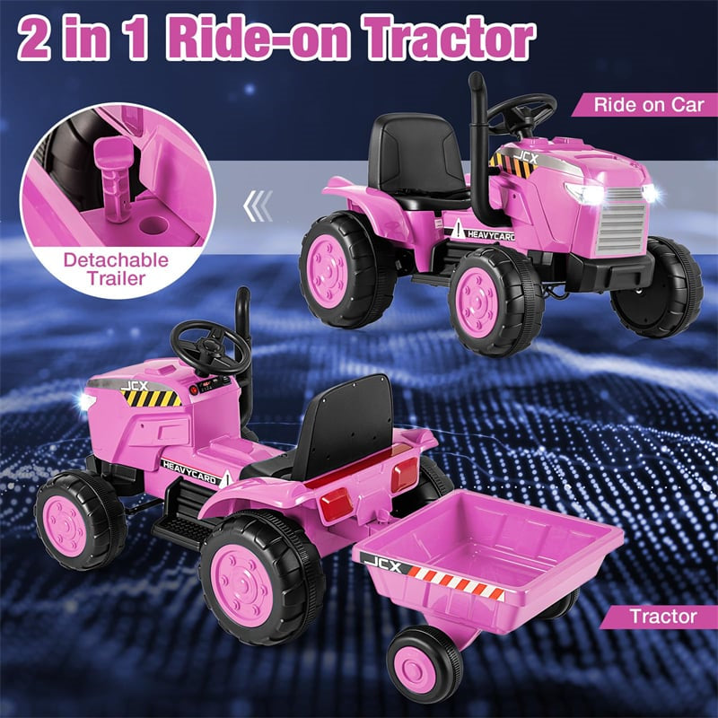 2-in-1 Kids Ride On Tractor with Trailer, 12V Battery Powered Electric Ride on Car Toy Tractor with Remote Control, Lights, 3-Gear-Shift Ground Loader