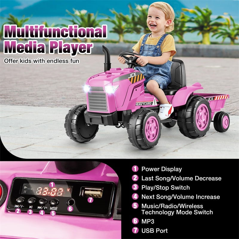 2-in-1 Kids Ride On Tractor with Trailer, 12V Battery Powered Electric Ride on Car Toy Tractor with Remote Control, Lights, 3-Gear-Shift Ground Loader