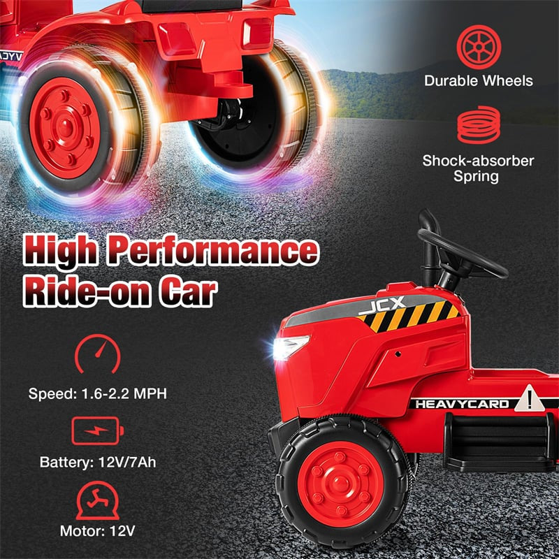 2-in-1 Kids Ride On Tractor with Trailer, 12V Battery Powered Electric Ride on Car Toy Tractor with Remote Control, Lights, 3-Gear-Shift Ground Loader