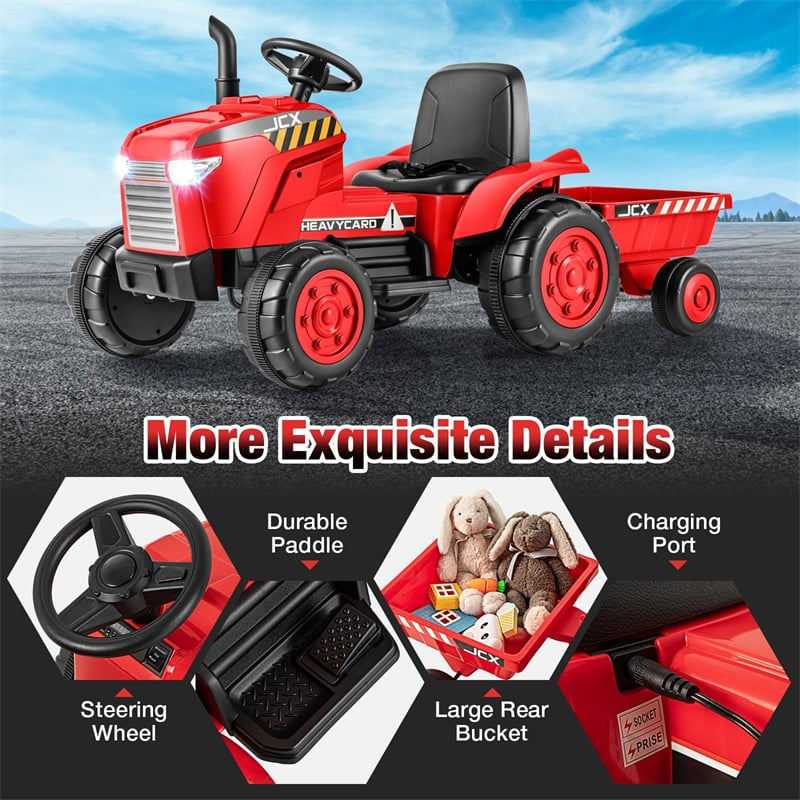 2-in-1 Kids Ride On Tractor with Trailer, 12V Battery Powered Electric Ride on Car Toy Tractor with Remote Control, Lights, 3-Gear-Shift Ground Loader