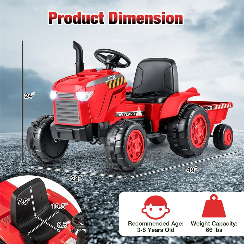 2-in-1 Kids Ride On Tractor with Trailer, 12V Battery Powered Electric Ride on Car Toy Tractor with Remote Control, Lights, 3-Gear-Shift Ground Loader