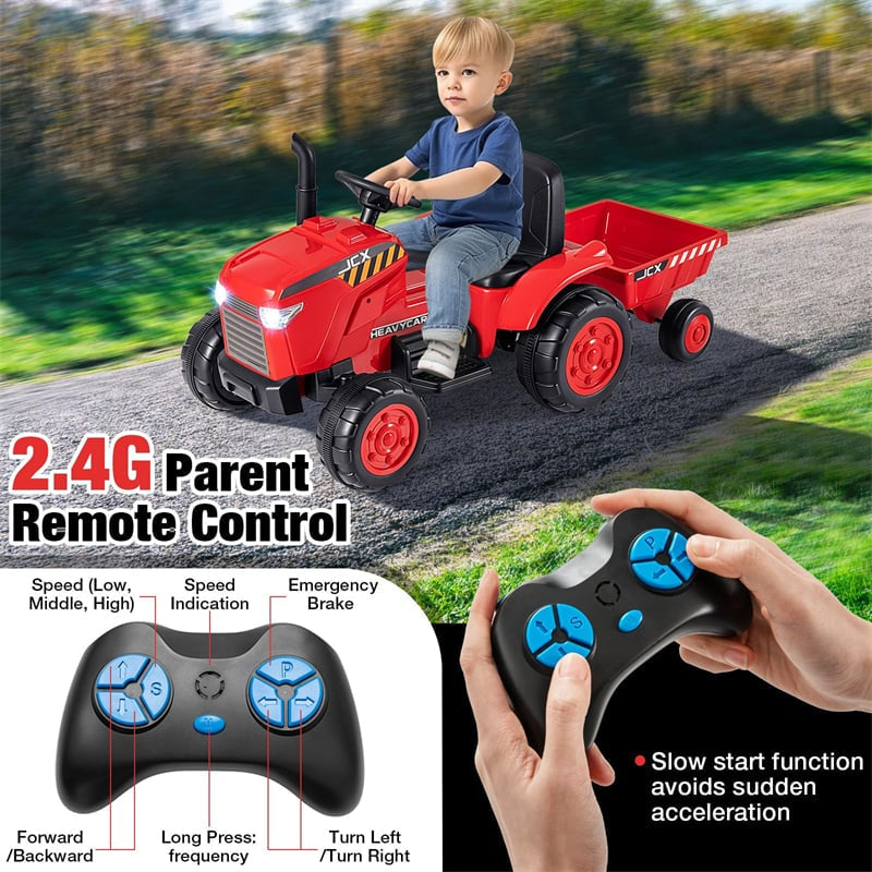 2-in-1 Kids Ride On Tractor with Trailer, 12V Battery Powered Electric Ride on Car Toy Tractor with Remote Control, Lights, 3-Gear-Shift Ground Loader