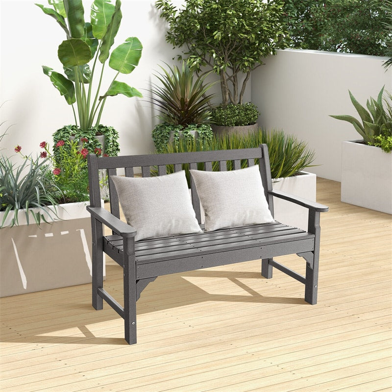 Outdoor Garden Bench All-Weather HDPE Park Bench 2-Person Patio Bench with Slatted Backrest & Armrest for Backyard Lawn