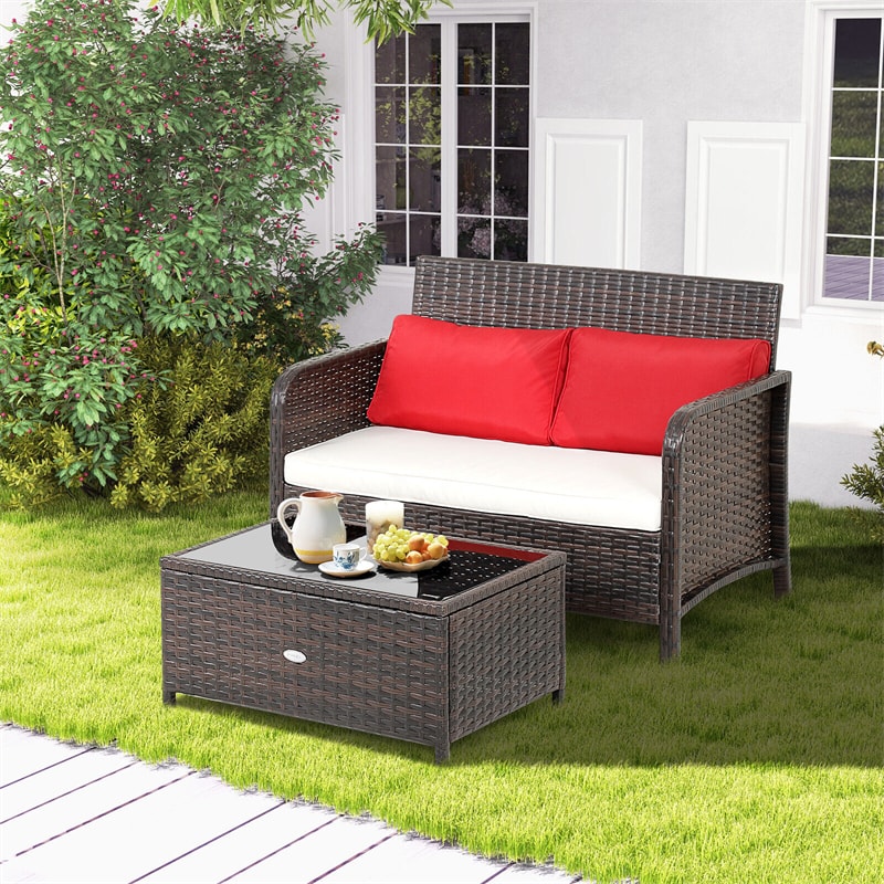 2-Piece Outdoor Wicker Loveseat Coffee Table Set Rattan Patio Conversation Set with Cushions