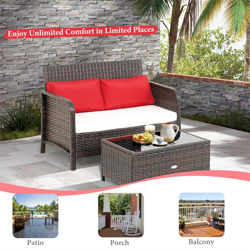 2-Piece Outdoor Wicker Loveseat Coffee Table Set Rattan Patio Conversation Set with Cushions