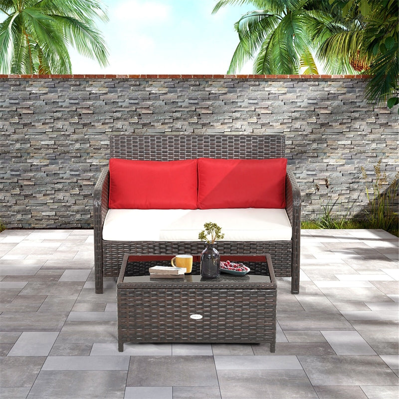 2-Piece Outdoor Wicker Loveseat Coffee Table Set Rattan Patio Conversation Set with Cushions