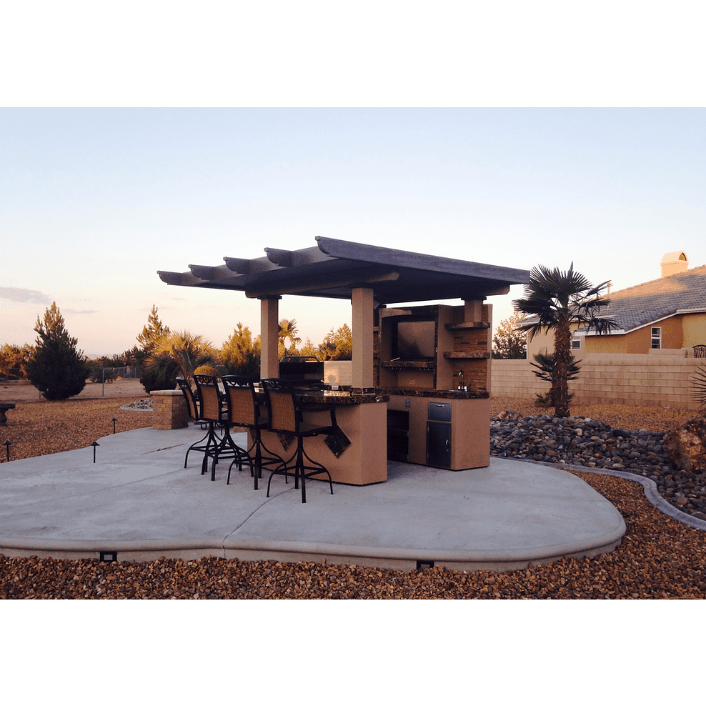 Outdoor Kitchen T.V. Media Wall with Pergola and Outdoor Bar Seating BBQ Island - ElitePlayPro
