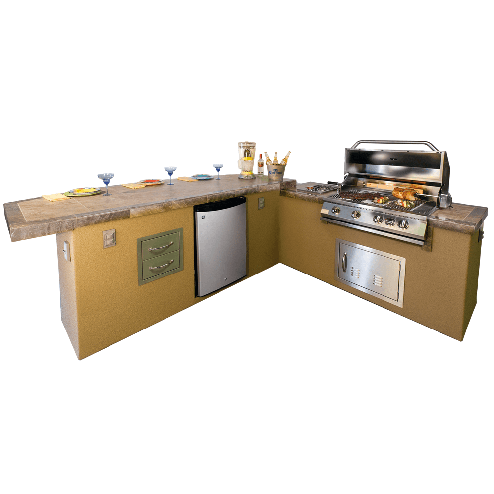 Caribbean BBQ Island with 4 Burner Built In BBQ Grill Refrigerator and Drawers - ElitePlayPro