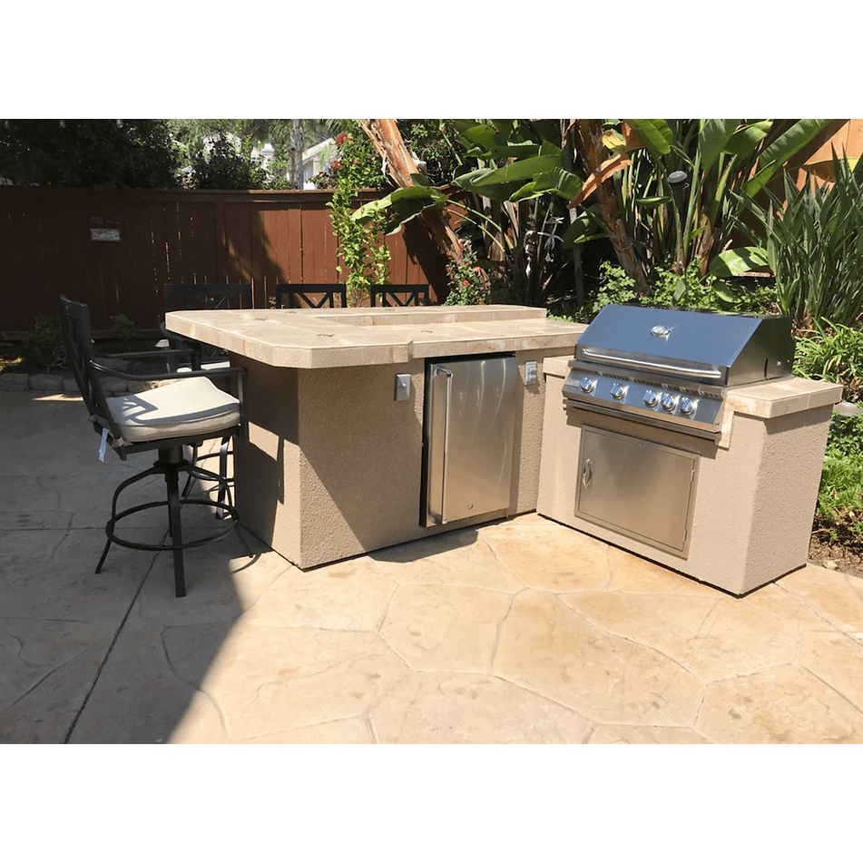 L-Shape BBQ Island With Bar Seating and 4 Burner Built-in BBQ Grill - ElitePlayPro