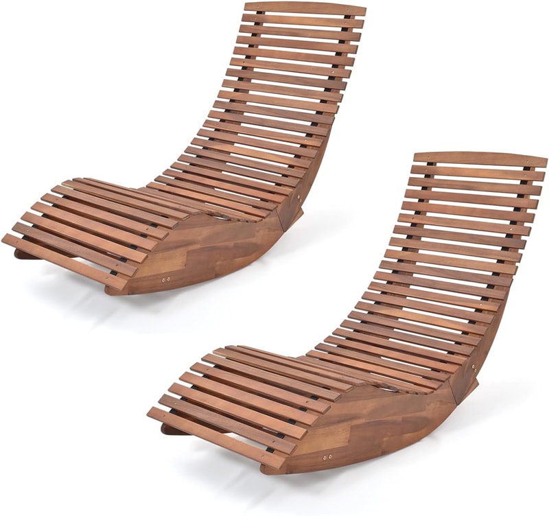 2PCS Acacia Wood Patio Chaise Lounge Chairs Outdoor Rocking Sun Loungers with Widened Slatted Seat & High Back for Backyard Garden