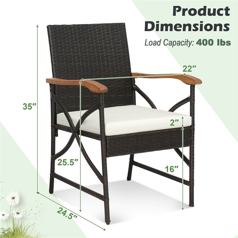 2pcs All-Weather Wicker Patio Dining Chairs Outdoor PE Rattan Armchairs with Soft Cushions & Heavy-Duty Metal Frame