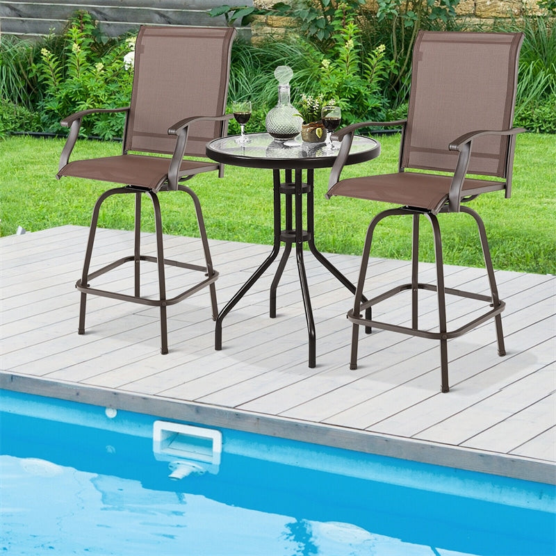 2 PCS Swivel Outdoor Bar Stools All-Weather Steel Frame Bar Height Patio Chairs High Back with Curved Armrests