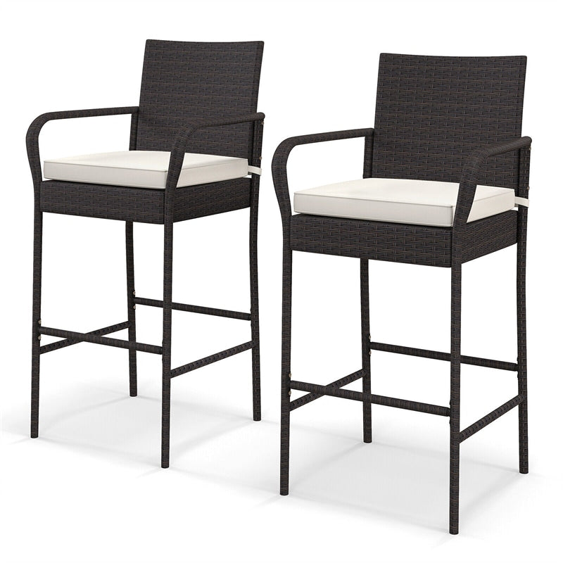 PE Wicker Bar Stools Set of 2 Patio Bar Chairs Counter Height Barstools with Armrests & Soft Cushions