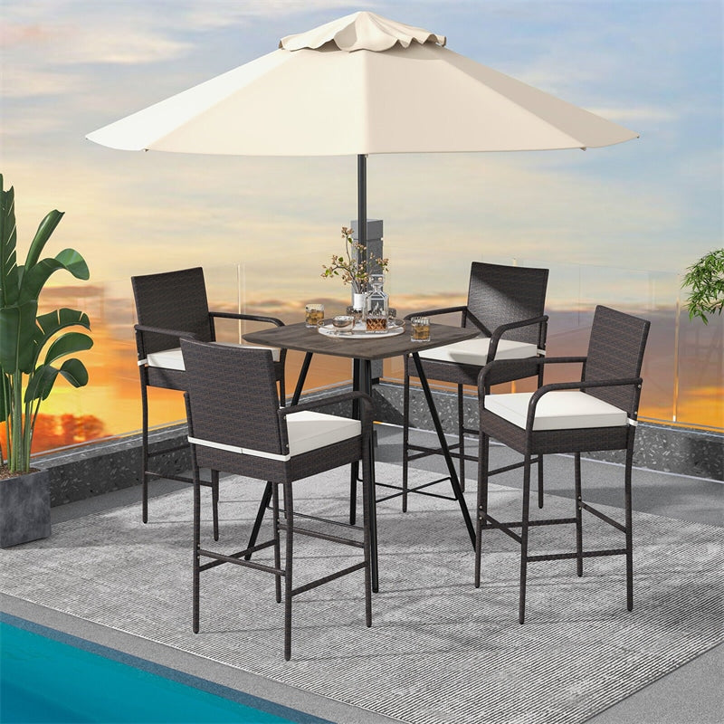 PE Wicker Bar Stools Set of 2 Patio Bar Chairs Counter Height Barstools with Armrests & Soft Cushions