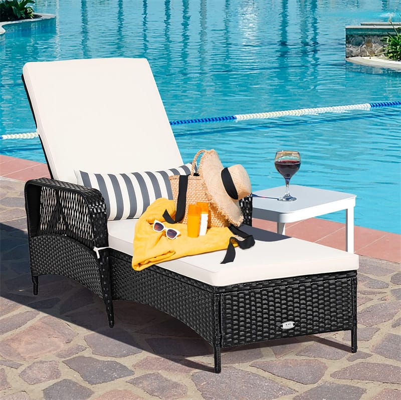 2PCS Outdoor Wicker Chaise Lounge Chair Patio Rattan Reclining Chaise with 6-Gear Adjustable Backrest, Padded Cushions, Lumbar Pillow