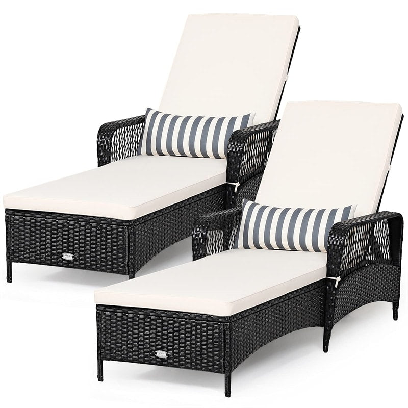2PCS Outdoor Wicker Chaise Lounge Chair Patio Rattan Reclining Chaise with 6-Gear Adjustable Backrest, Padded Cushions, Lumbar Pillow