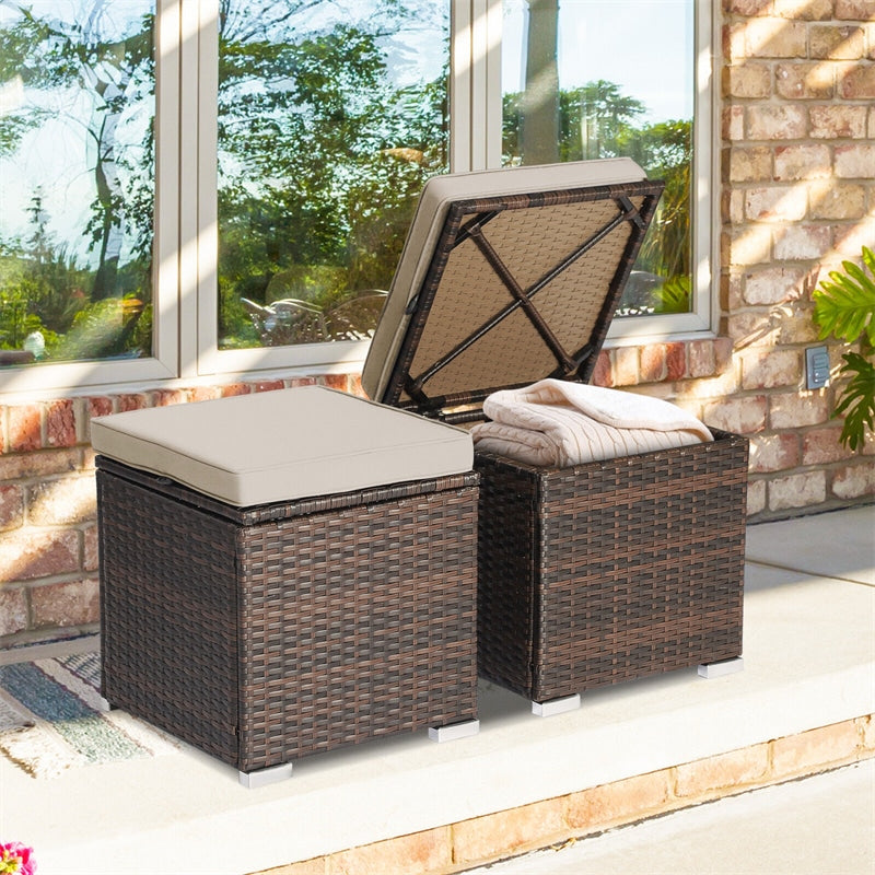 2PCS Wicker Patio Ottomans Hand-Woven PE Rattan Side Table with Removable Cushions & Hidden Storage Space