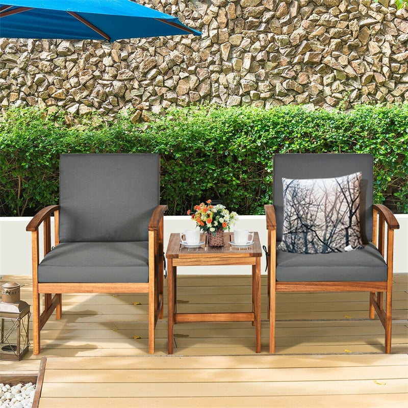 3-Piece Outdoor Acacia Wood Furniture Set Patio Bistro Set with Coffee Table & Cushions