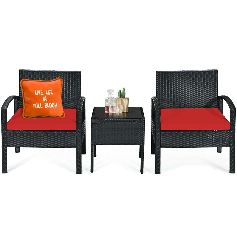 3-Piece Rattan Patio Conversation Set Wicker Bistro Furniture Set Cushioned Sofa Deck