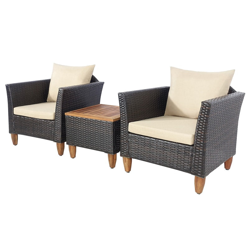 3-Piece Rattan Bistro Sofa Set Wicker Patio Furniture Set with Cushions & Side Table