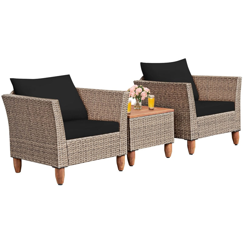 3-Piece Rattan Bistro Sofa Set Wicker Patio Furniture Set with Cushions & Side Table