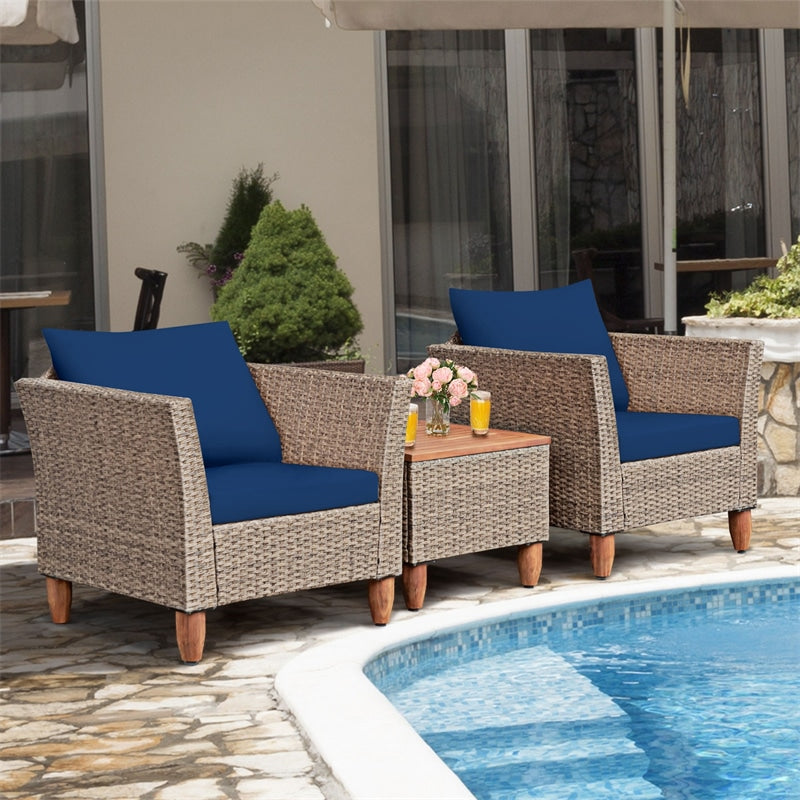 3-Piece Rattan Bistro Sofa Set Wicker Patio Furniture Set with Cushions & Side Table